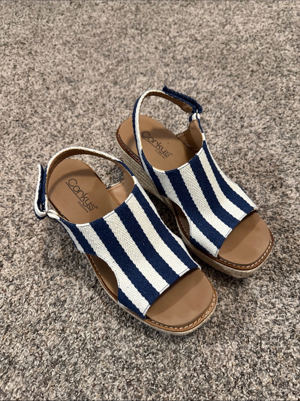 Corkys Women's Navy and White Striped Wedge Sandals Size 8